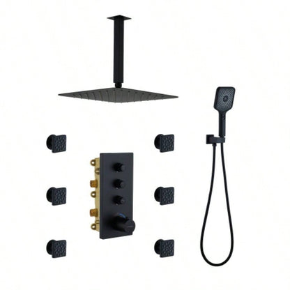 3 Functions 12 Inch Ceiling Mounted Thermostatic Shower System in Matte Black with square shower