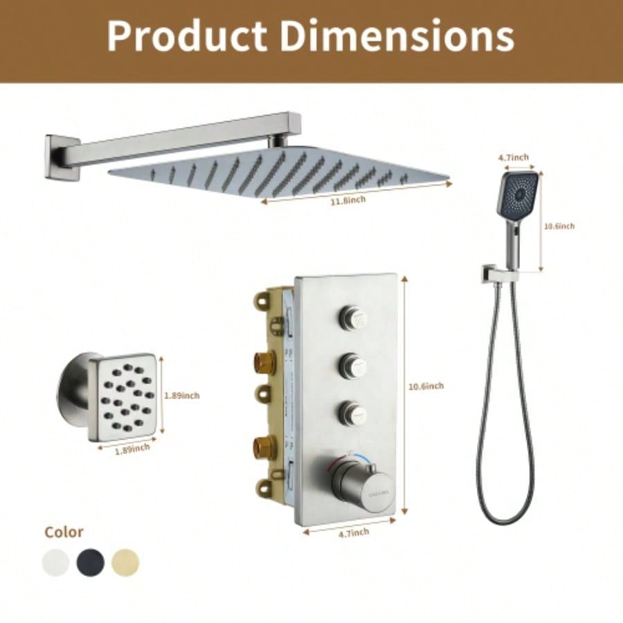 3 - Function 12 - Inch Wall - Mounted Thermostatic Shower System in Brushed Nickel with Square Shower