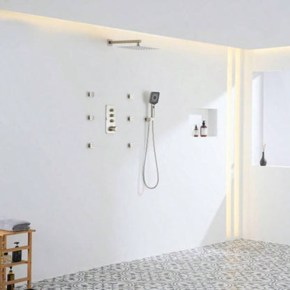 3 - Function 12 - Inch Wall - Mounted Thermostatic Shower System in Brushed Nickel with Square Shower