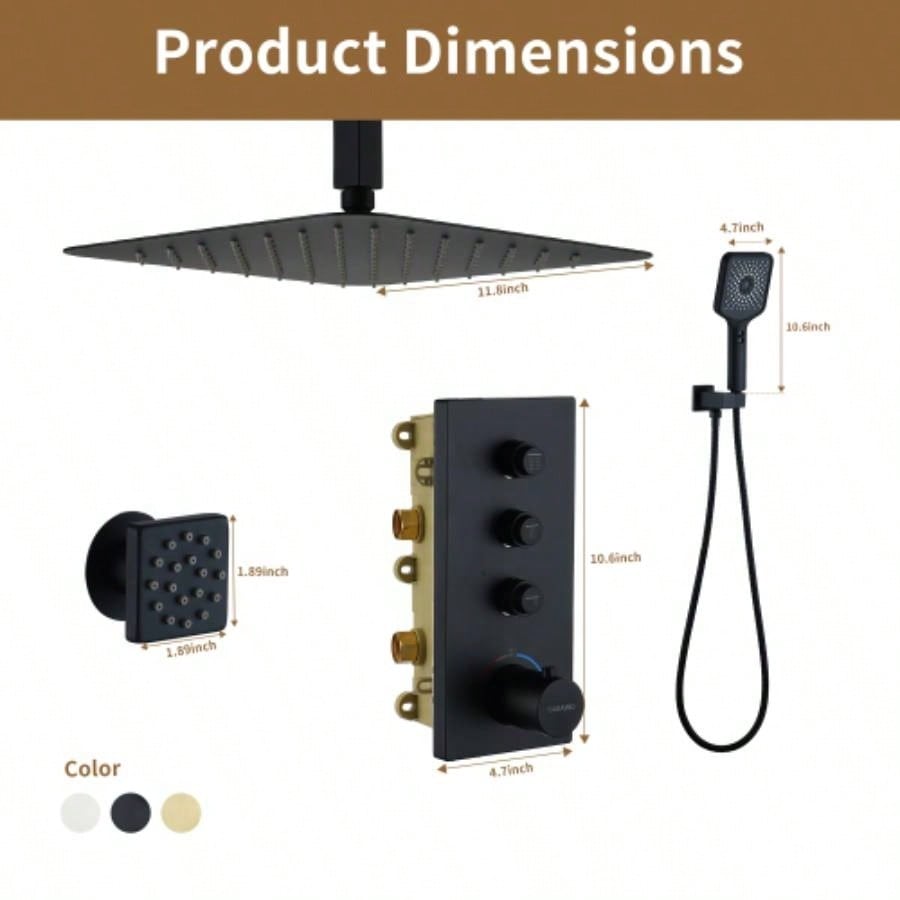 3 Functions 12 Inch Ceiling Mounted Thermostatic Shower System in Matte Black with square shower