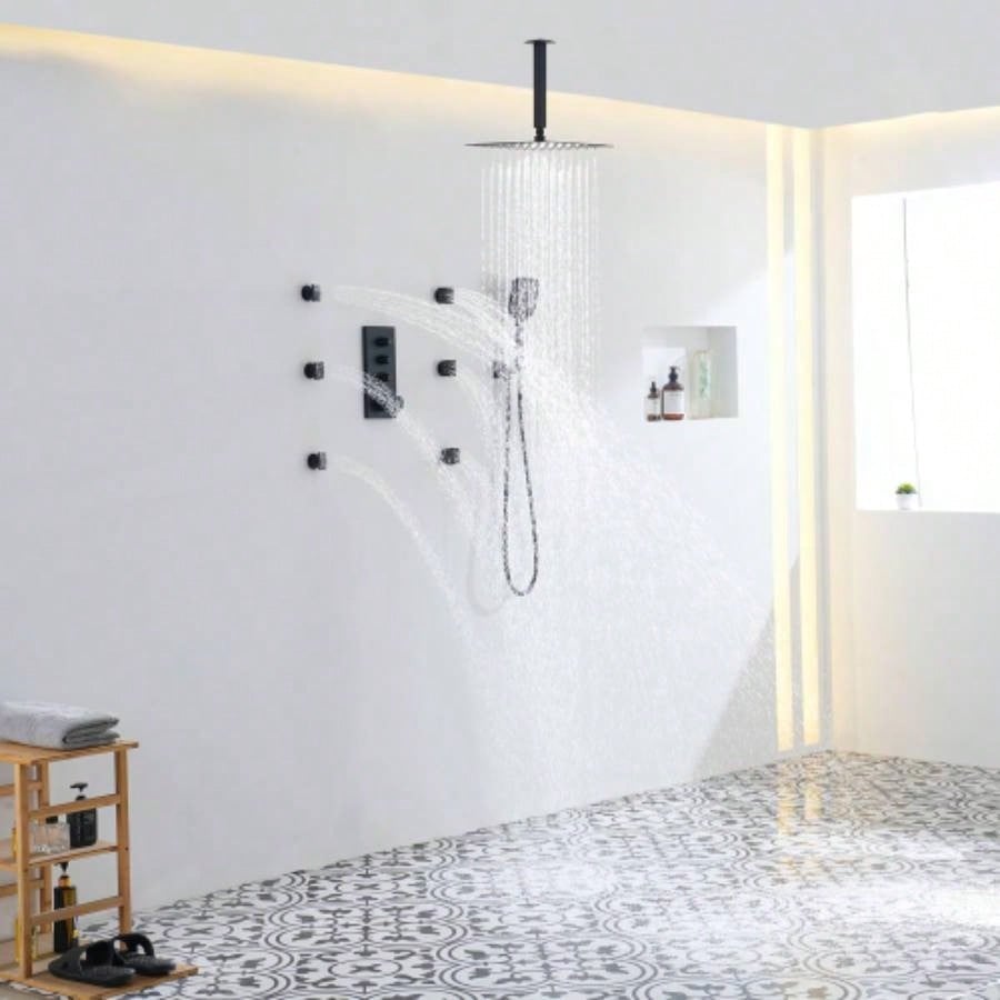 3 Functions 12 Inch Ceiling Mounted Thermostatic Shower System in Matte Black with square shower