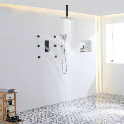 3 Functions 12 Inch Ceiling Mounted Thermostatic Shower System in Matte Black with square shower