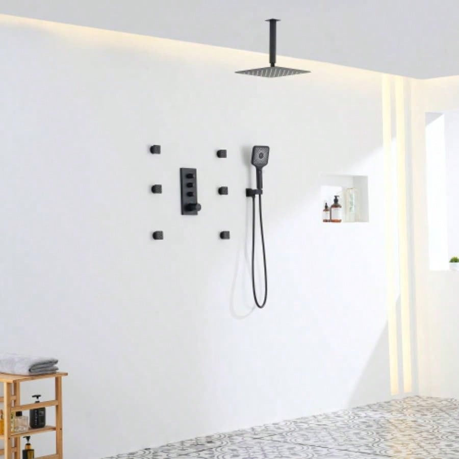 3 Functions 12 Inch Ceiling Mounted Thermostatic Shower System in Matte Black with square shower