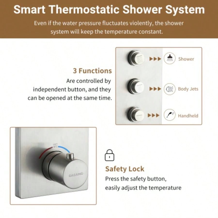 3 - Function 12 - Inch Wall - Mounted Thermostatic Shower System in Brushed Nickel with Square Shower