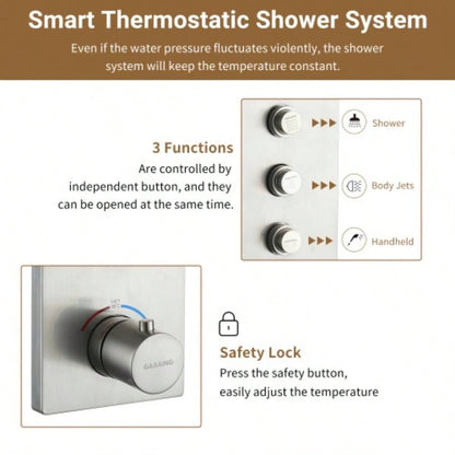 3 - Function 12 - Inch Wall - Mounted Thermostatic Shower System in Brushed Nickel with Square Shower