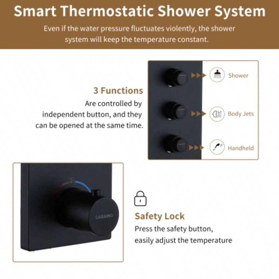 3 Functions 12 Inch Ceiling Mounted Thermostatic Shower System in Matte Black with square shower