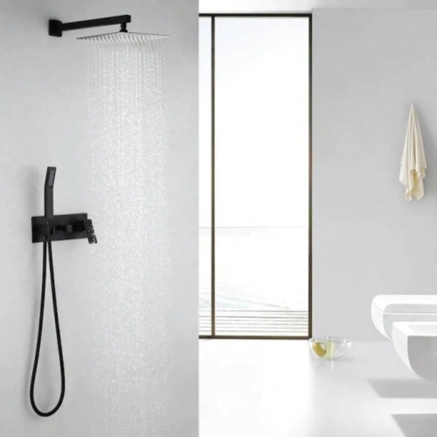 Shower system, Brass Matte Black Shower Faucet Set Shower System 10 Inch Rainfall Shower with Handheld Sprayer Bathroom Luxury Rain Mixer Combo Set, Rough - in Included