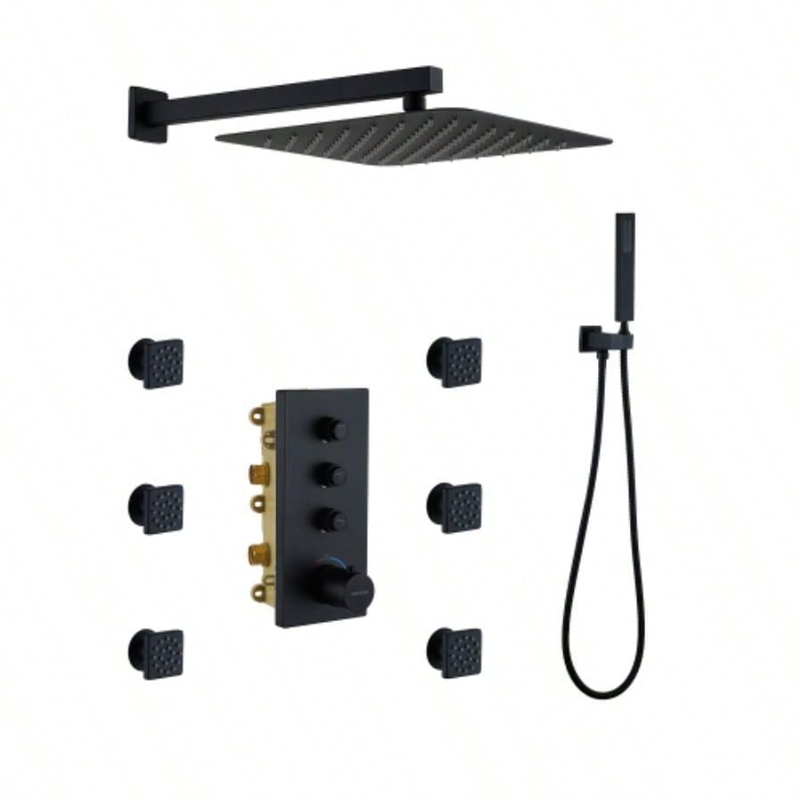 3 Functions 12 Inch Ceiling Mounted Thermostatic Shower System in Matte Black with square shower