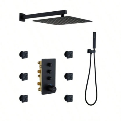 3 Functions 12 Inch Ceiling Mounted Thermostatic Shower System in Matte Black with square shower