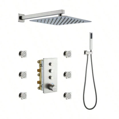 3 - Function 12 - Inch Wall - Mounted Thermostatic Shower System in Brushed Nickel with Square Shower