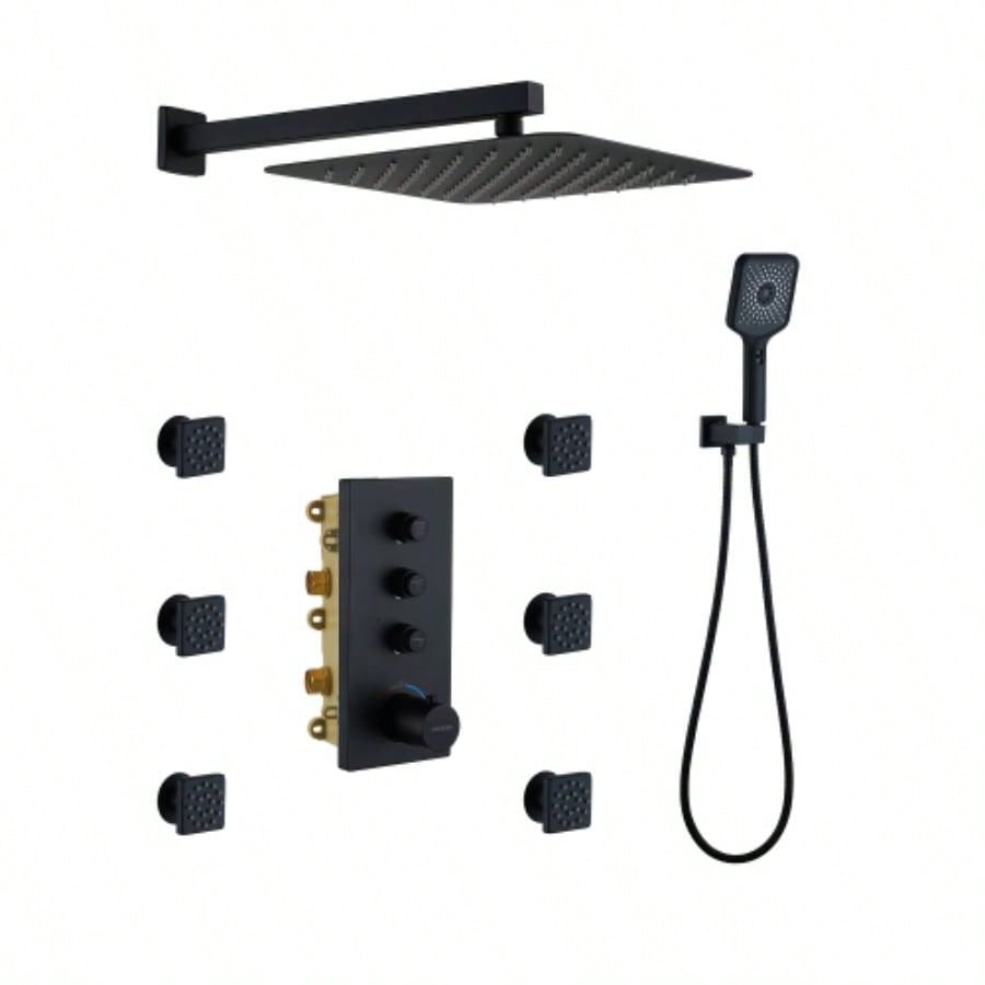 3 Functions 12 Inch Ceiling Mounted Thermostatic Shower System in Matte Black with square shower