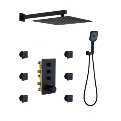 3 Functions 12 Inch Ceiling Mounted Thermostatic Shower System in Matte Black with square shower