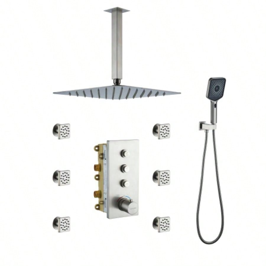 3 - Function 12 - Inch Wall - Mounted Thermostatic Shower System in Brushed Nickel with Square Shower
