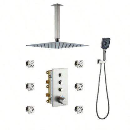 3 - Function 12 - Inch Wall - Mounted Thermostatic Shower System in Brushed Nickel with Square Shower