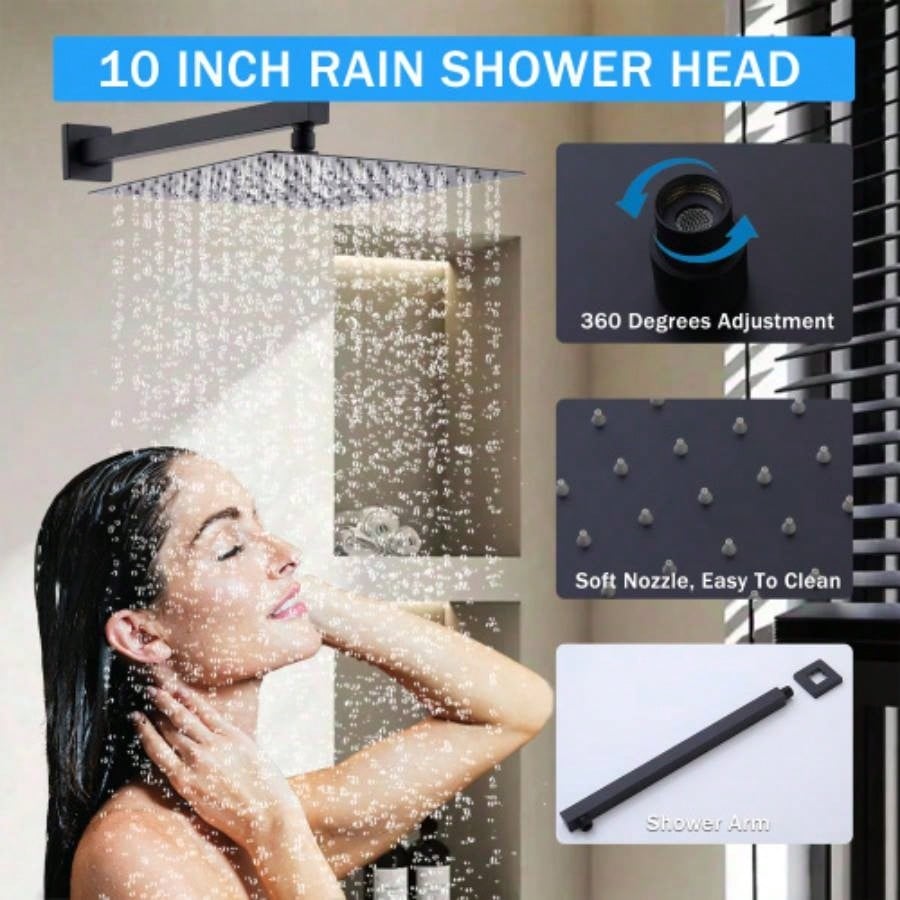 Black Shower Faucet Set Rainfall Shower System with Rainfall Shower and Handle Set Modern Shower Fixtures 10 Inch Shower with Handheld Combo Shower Included Matte Black