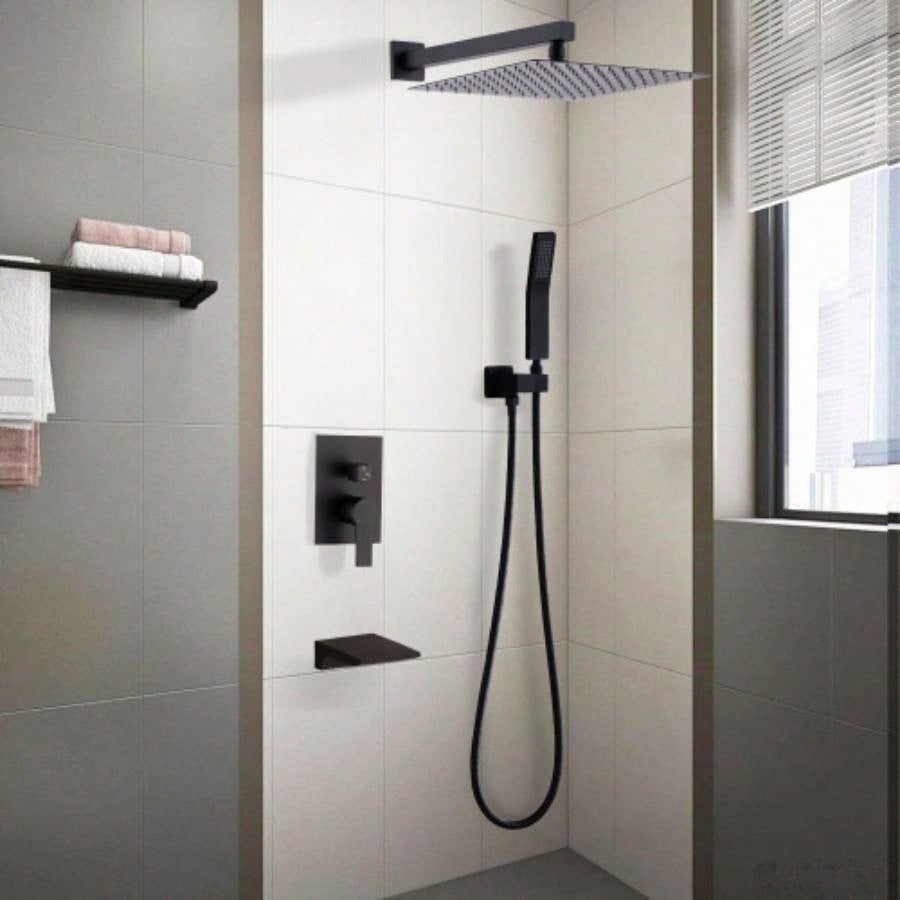 Black Shower Faucet Set Rainfall Shower System with Rainfall Shower and Handle Set Modern Shower Fixtures 10 Inch Shower with Handheld Combo Shower Included Matte Black