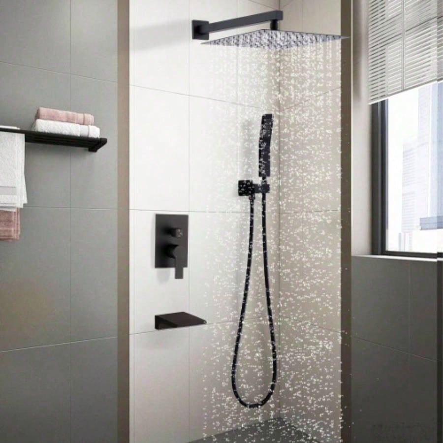 Black Shower Faucet Set Rainfall Shower System with Rainfall Shower and Handle Set Modern Shower Fixtures 10 Inch Shower with Handheld Combo Shower Included Matte Black