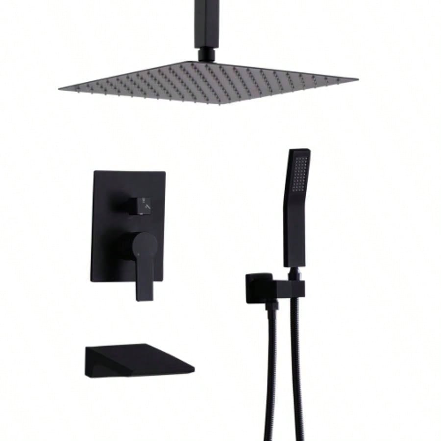 Shower Faucet Set, Shower System Bathroom High Pressure 12 Inches Rainfall Shower with Handheld Spray, Wall Mounted Shower Fixtures with Shower and Trim Kit, Matte Black