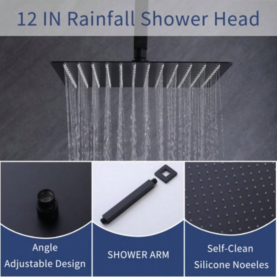 Shower Faucet Set, Shower System Bathroom High Pressure 12 Inches Rainfall Shower with Handheld Spray, Wall Mounted Shower Fixtures with Shower and Trim Kit, Matte Black