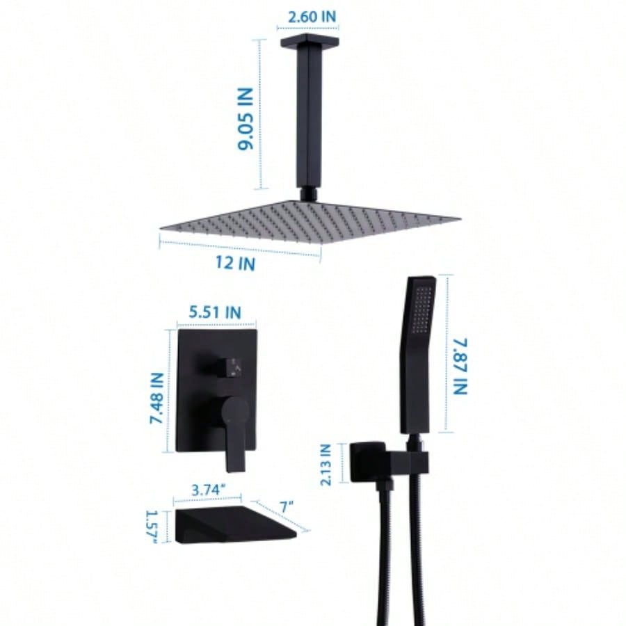 Shower Faucet Set, Shower System Bathroom High Pressure 12 Inches Rainfall Shower with Handheld Spray, Wall Mounted Shower Fixtures with Shower and Trim Kit, Matte Black