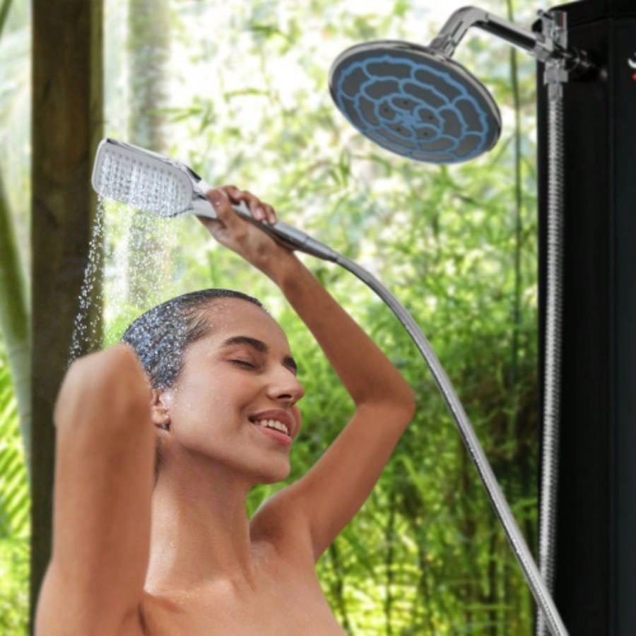 Outsunny Outdoor Heated Shower with 360 Rotating Rainfall Handheld Shower, Foot Shower Faucet, Temperature and Pressure Adjustable, Holds 9.2 Gallons Backyard Pool