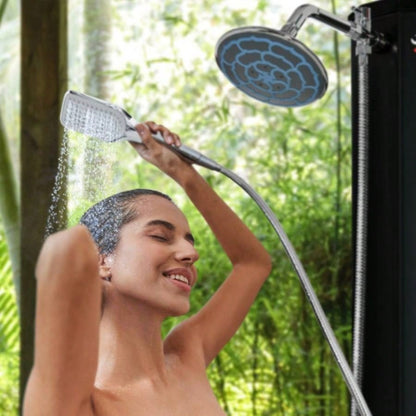 Outsunny Outdoor Heated Shower with 360 Rotating Rainfall Handheld Shower, Foot Shower Faucet, Temperature and Pressure Adjustable, Holds 9.2 Gallons Backyard Pool