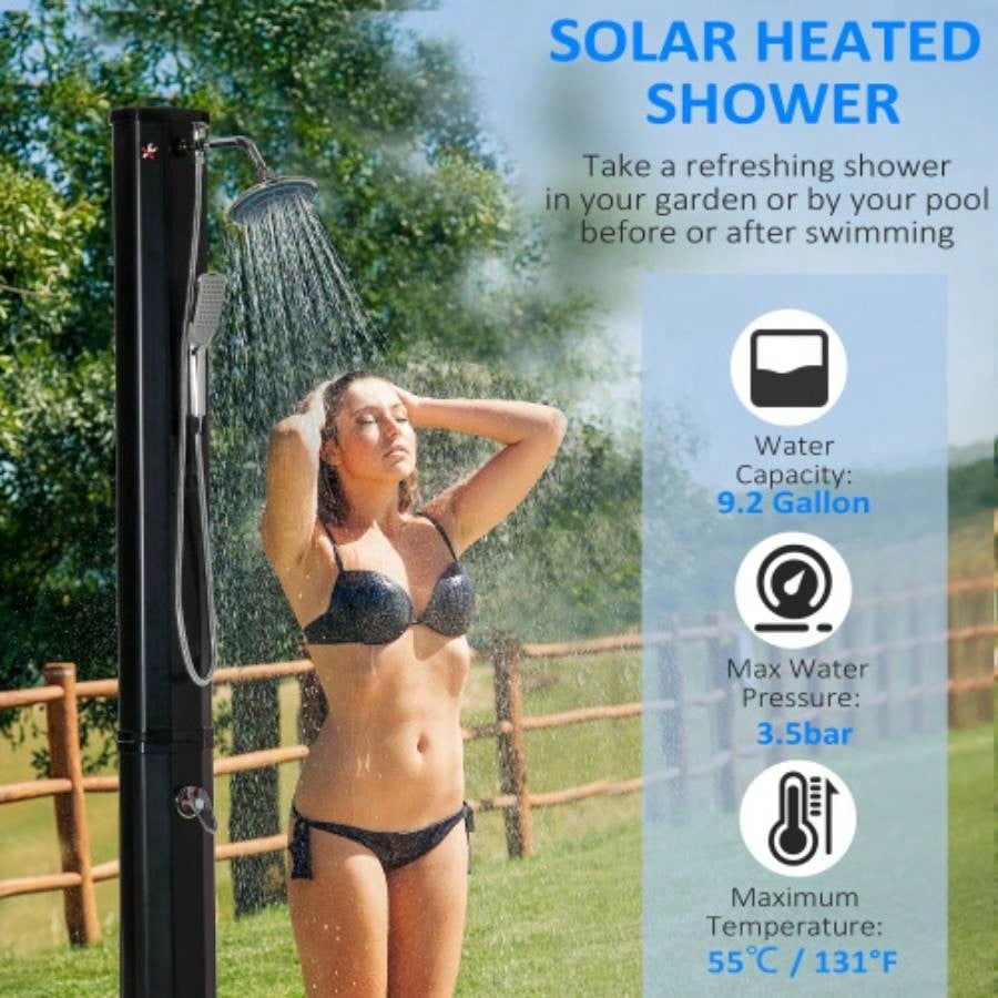 Outsunny Outdoor Heated Shower with 360 Rotating Rainfall Handheld Shower, Foot Shower Faucet, Temperature and Pressure Adjustable, Holds 9.2 Gallons Backyard Pool