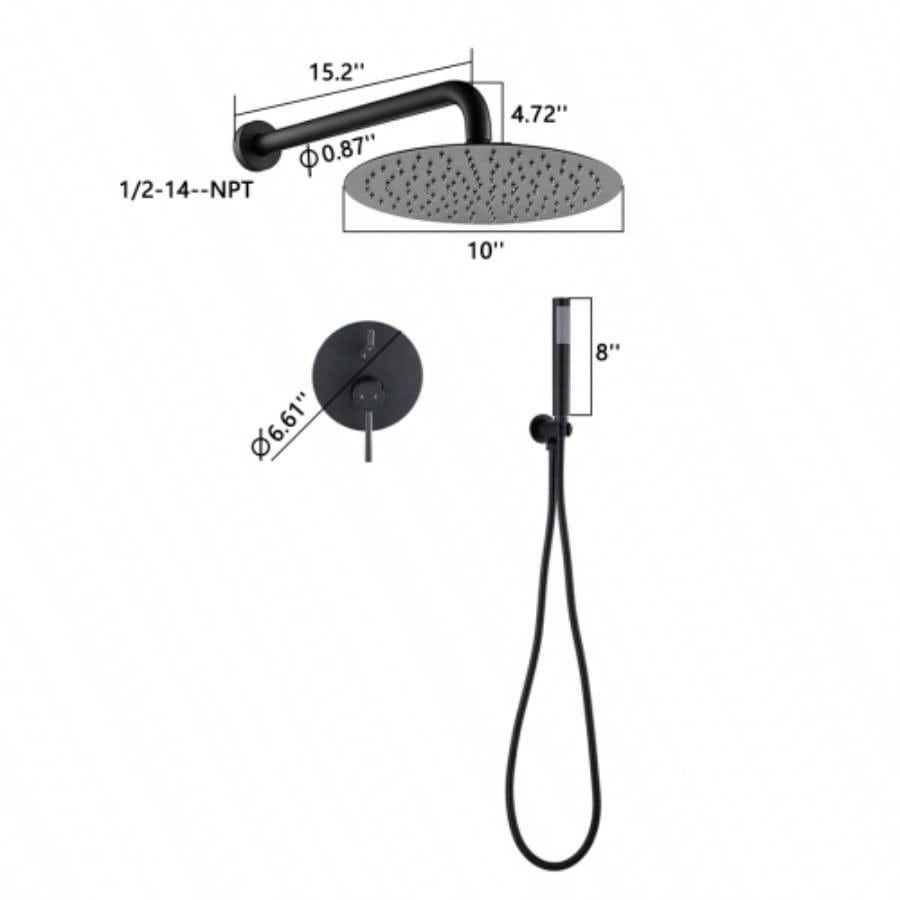10 Matte Black Roud Rain Shower and Handheld Shower Set