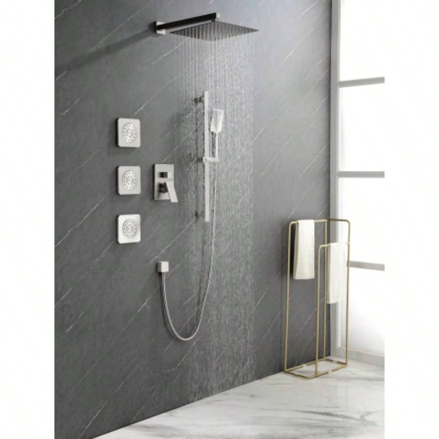 Shower System with Shower, Hand Shower, Slide Bar, Bodysprays, Shower Arm, Hose, Trim, and Lever Handles