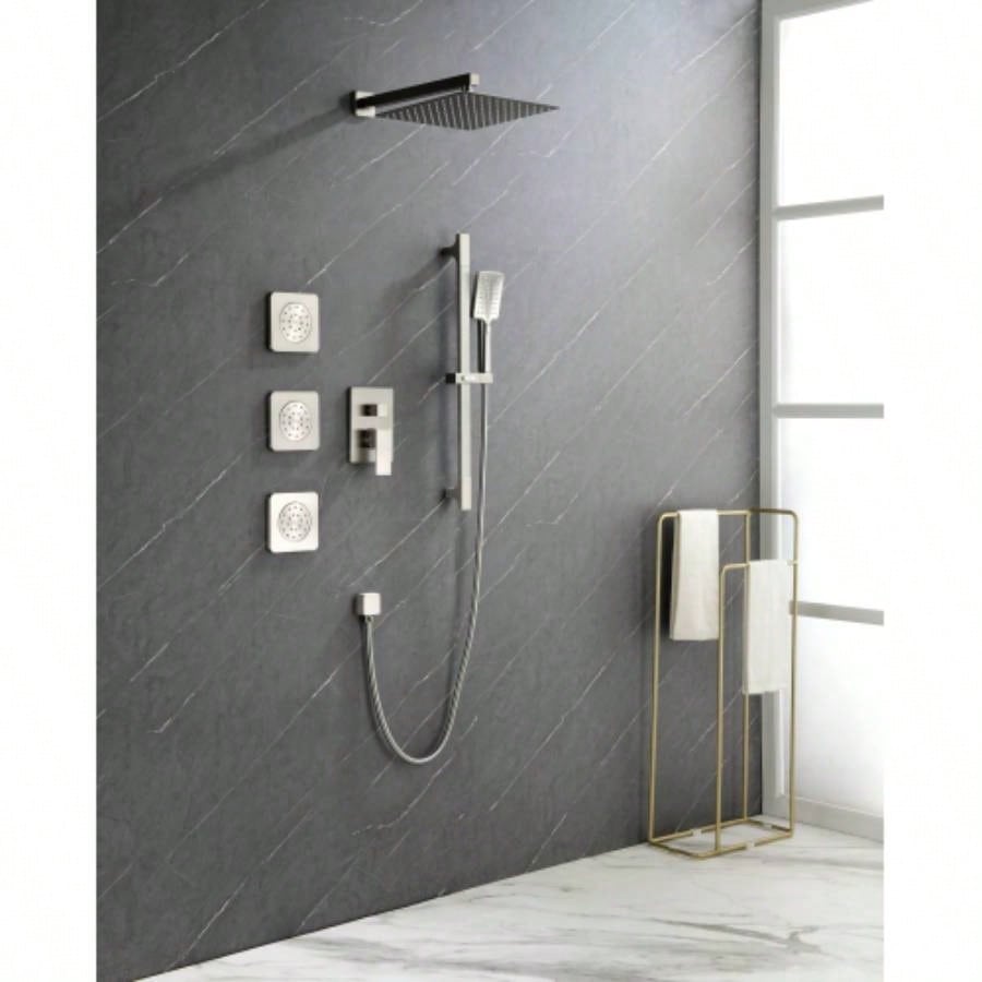 Shower System with Shower, Hand Shower, Slide Bar, Bodysprays, Shower Arm, Hose, Trim, and Lever Handles