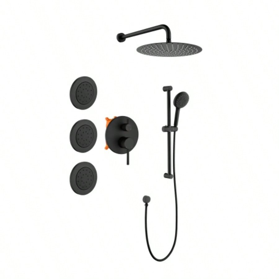 Shower System with Shower, Hand Shower, Slide Bar, Bodysprays, Shower Arm, Hose, Trim, and Lever Handles