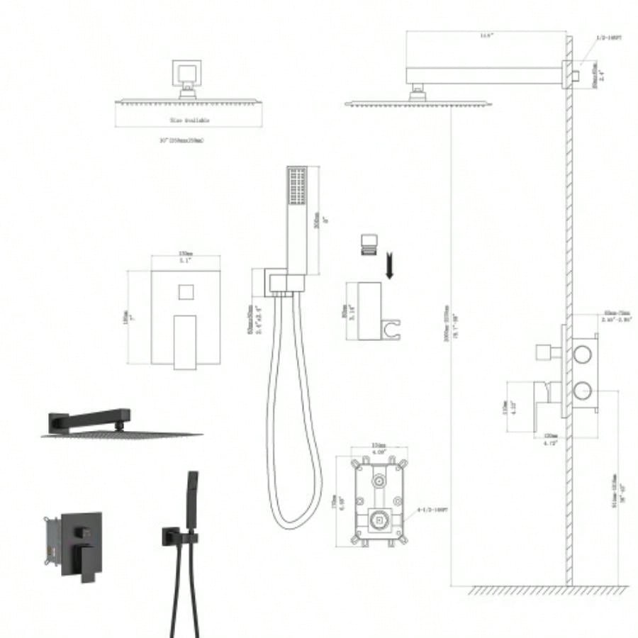 Dual Shower - 10 Inch Wall Mounted Square Shower System with Rough - in, Matte black