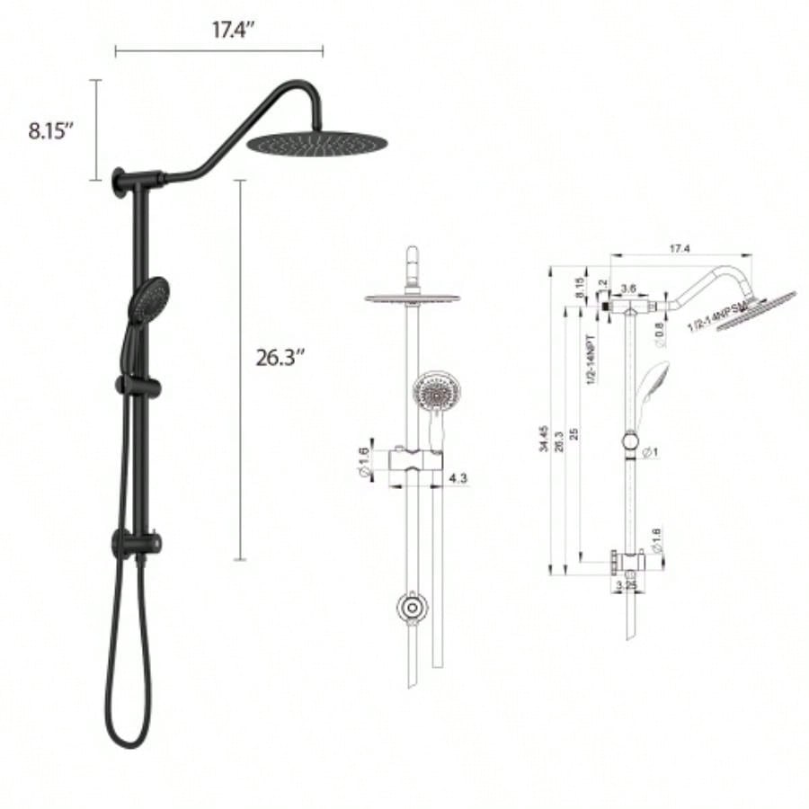 10 Inch Shower System with 5 Function Rain Hand Shower, 26.3 Slide Bar Shower Combo, Matte Black
