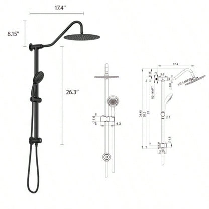 10 Inch Shower System with 5 Function Rain Hand Shower, 26.3 Slide Bar Shower Combo, Matte Black
