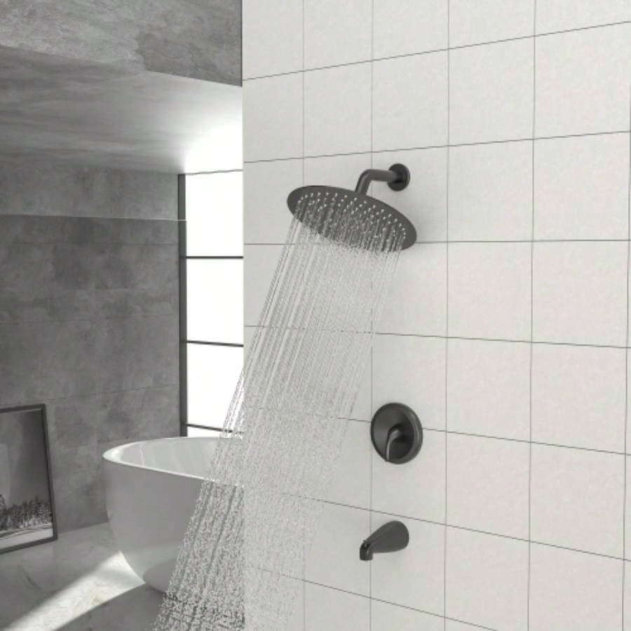 10 Round Rain Shower Systems with Waterfall Tub Spout, Matte black, Wall Mounted shower