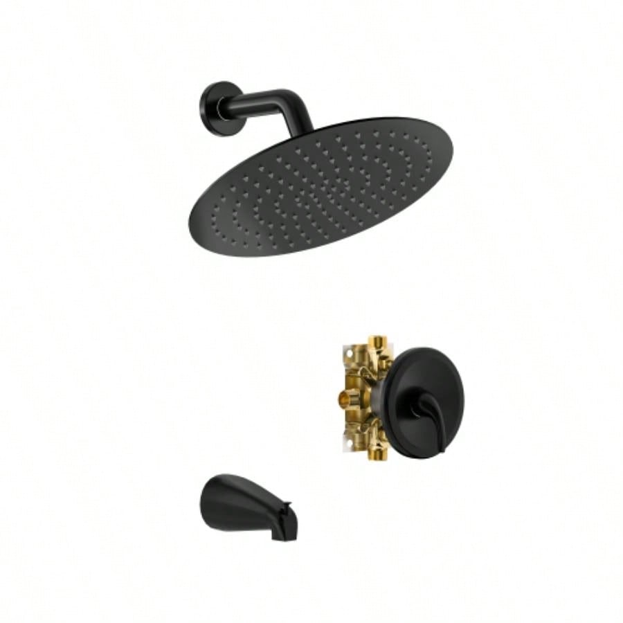 10 Round Rain Shower Systems with Waterfall Tub Spout, Matte black, Wall Mounted shower
