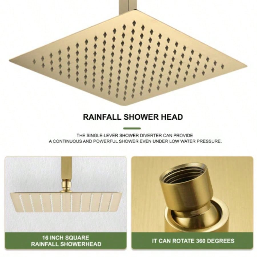 16 Inch Square Rain Shower Brushed Gold 304 Stainless Steel Showerhead