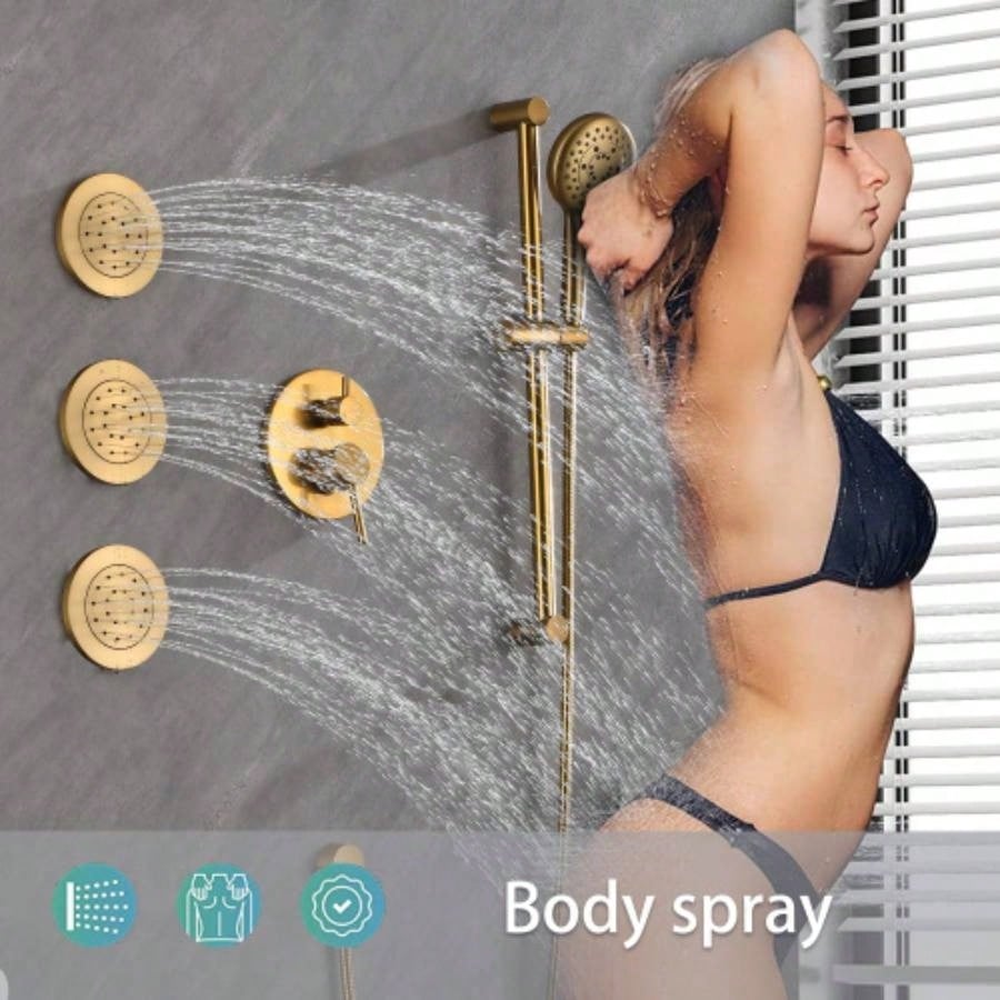 Shower System with Shower, Hand Shower, Slide Bar, Bodysprays, Shower Arm, Hose, Trim, and Lever Handles