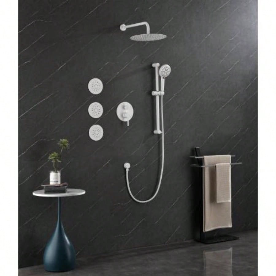 Shower System with Shower, Hand Shower, Slide Bar, Bodysprays, Shower Arm, Hose, Trim, and Lever Handles