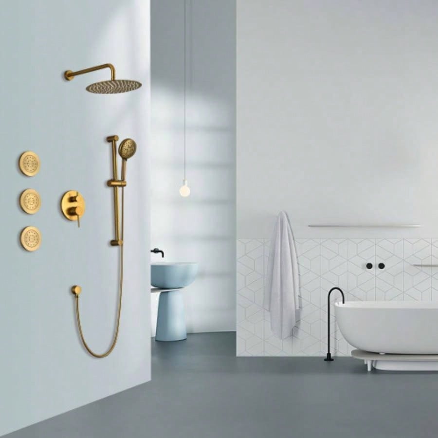 Shower System with Shower, Hand Shower, Slide Bar, Bodysprays, Shower Arm, Hose, Trim, and Lever Handles