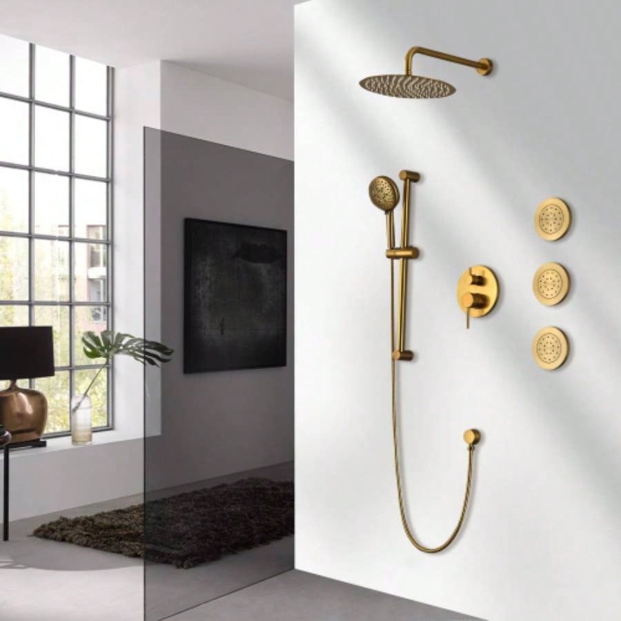 Shower System with Shower, Hand Shower, Slide Bar, Bodysprays, Shower Arm, Hose, Trim, and Lever Handles