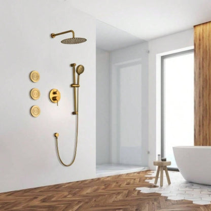 Shower System with Shower, Hand Shower, Slide Bar, Bodysprays, Shower Arm, Hose, Trim, and Lever Handles