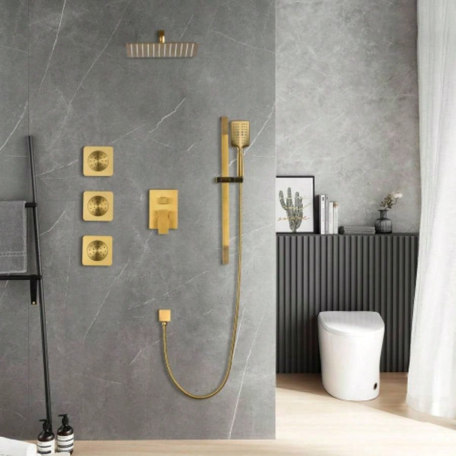 Shower System with Shower, Hand Shower, Slide Bar, Bodysprays, Shower Arm, Hose, Trim, and Lever Handles