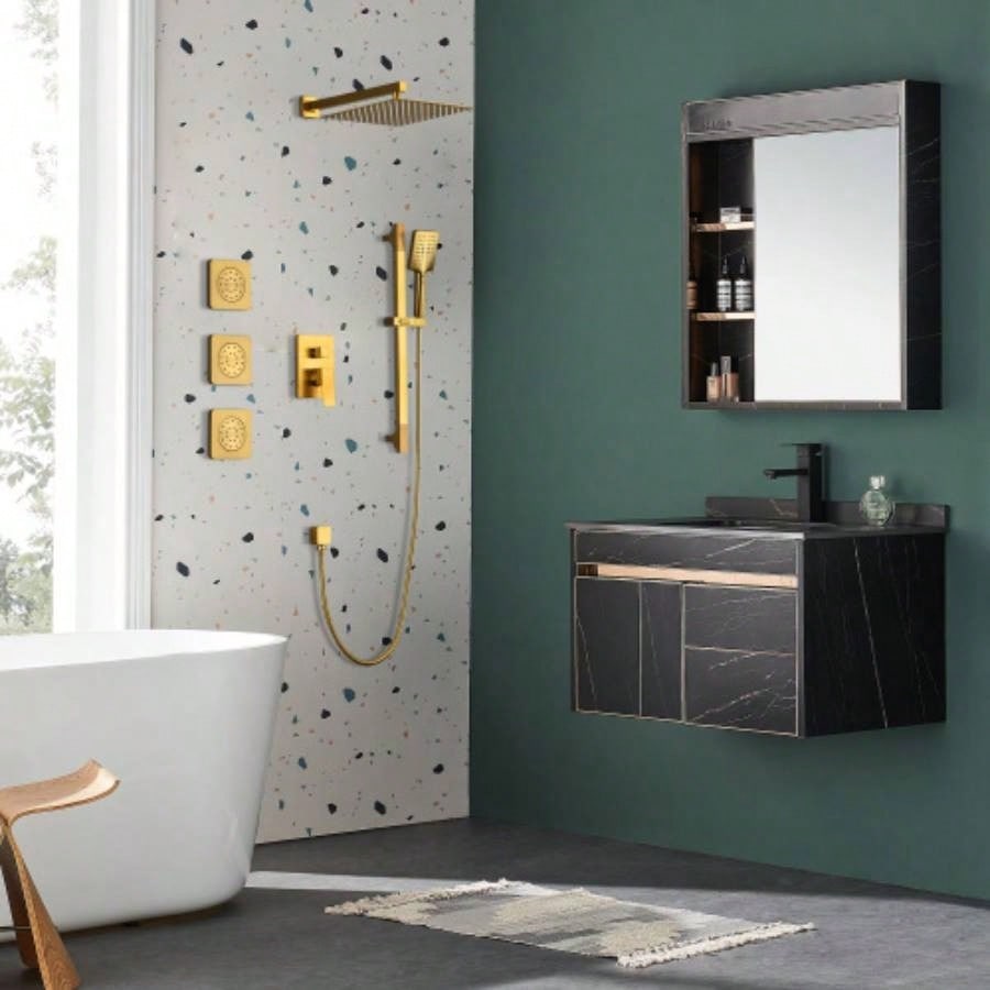Shower System with Shower, Hand Shower, Slide Bar, Bodysprays, Shower Arm, Hose, Trim, and Lever Handles