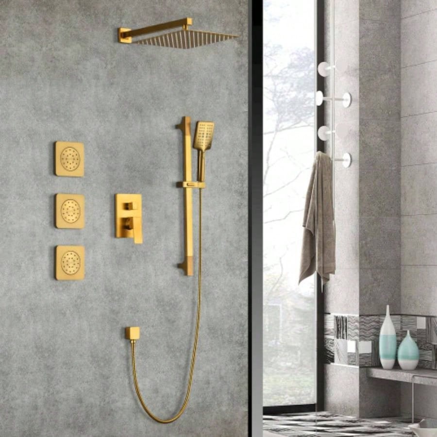Shower System with Shower, Hand Shower, Slide Bar, Bodysprays, Shower Arm, Hose, Trim, and Lever Handles