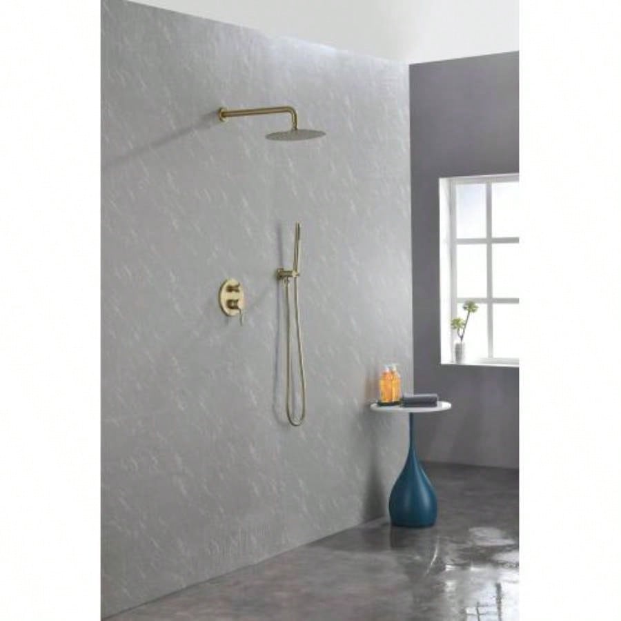 Shower System, Wall Mounted Shower Faucet Set Bathroom with High Pressure 10 Stainless Steel Rain Shower Handheld Shower Set, 2 Way Pressure Balance Shower Kit, Brushed Gold