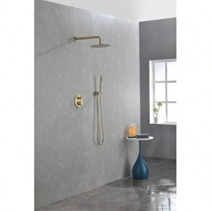 Shower System, Wall Mounted Shower Faucet Set Bathroom with High Pressure 10 Stainless Steel Rain Shower Handheld Shower Set, 2 Way Pressure Balance Shower Kit, Brushed Gold