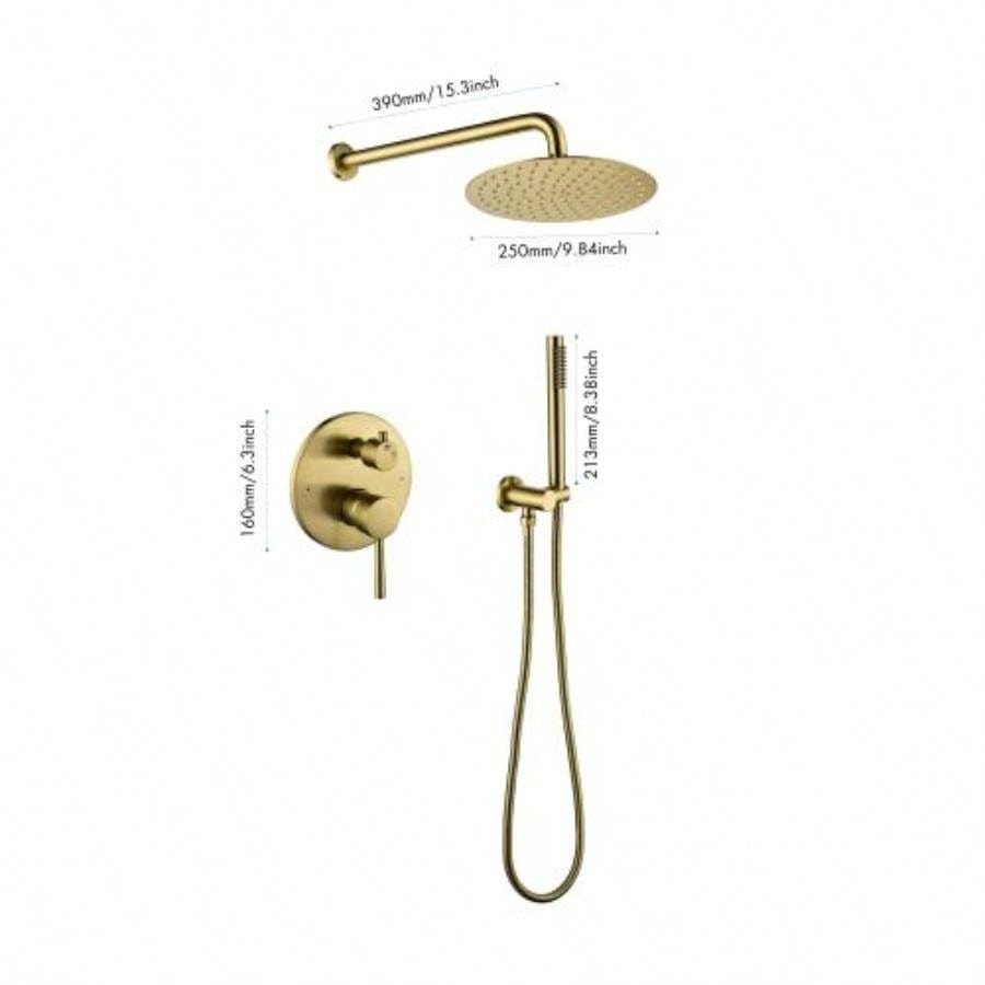 Shower System, Wall Mounted Shower Faucet Set Bathroom with High Pressure 10 Stainless Steel Rain Shower Handheld Shower Set, 2 Way Pressure Balance Shower Kit, Brushed Gold