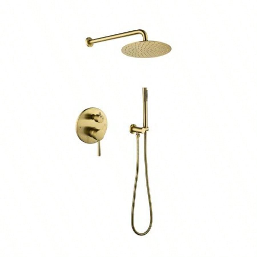 Shower System, Wall Mounted Shower Faucet Set Bathroom with High Pressure 10 Stainless Steel Rain Shower Handheld Shower Set, 2 Way Pressure Balance Shower Kit, Brushed Gold