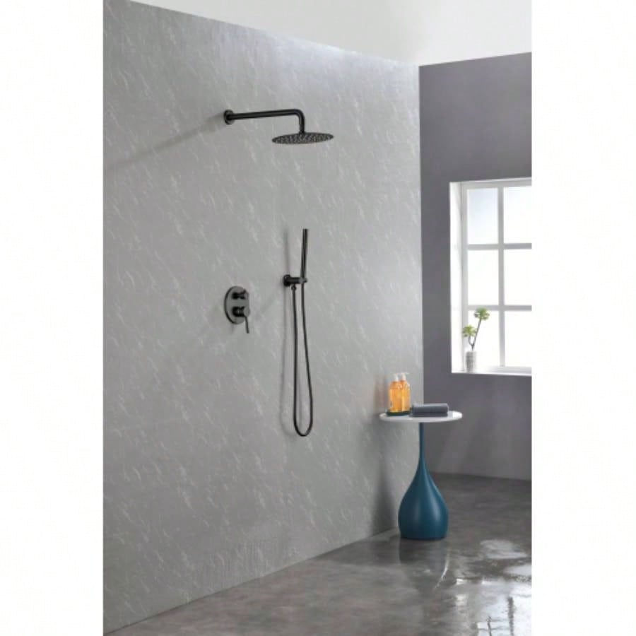 Shower System, Wall Mounted Shower Faucet Set Bathroom with High Pressure 10 Stainless Steel Rain Shower Handheld Shower Set, 2 Way Pressure Balance Shower Kit, Matte Black
